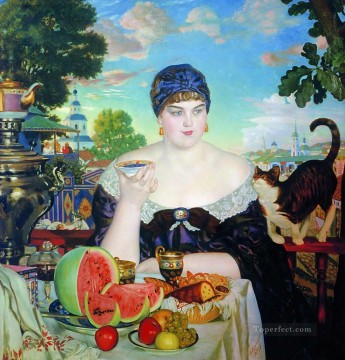 Boris Mikhailovich Kustodiev Painting - the merchant s wife at tea 1918 Boris Mikhailovich Kustodiev